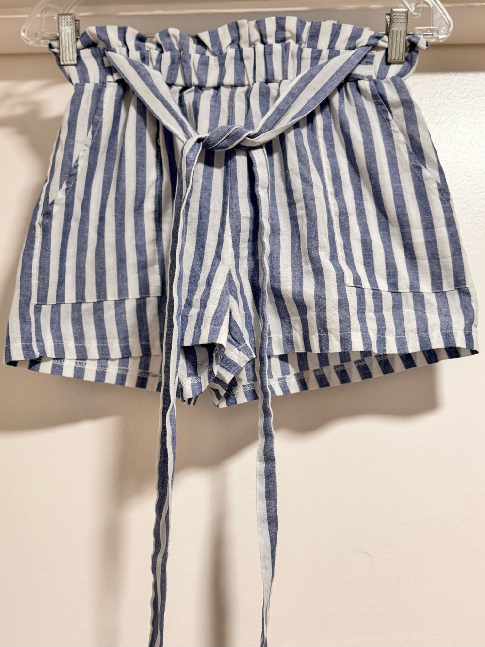 ZARA Blue & White Striped Paperbag Waist Shorts with Belt – Size XS